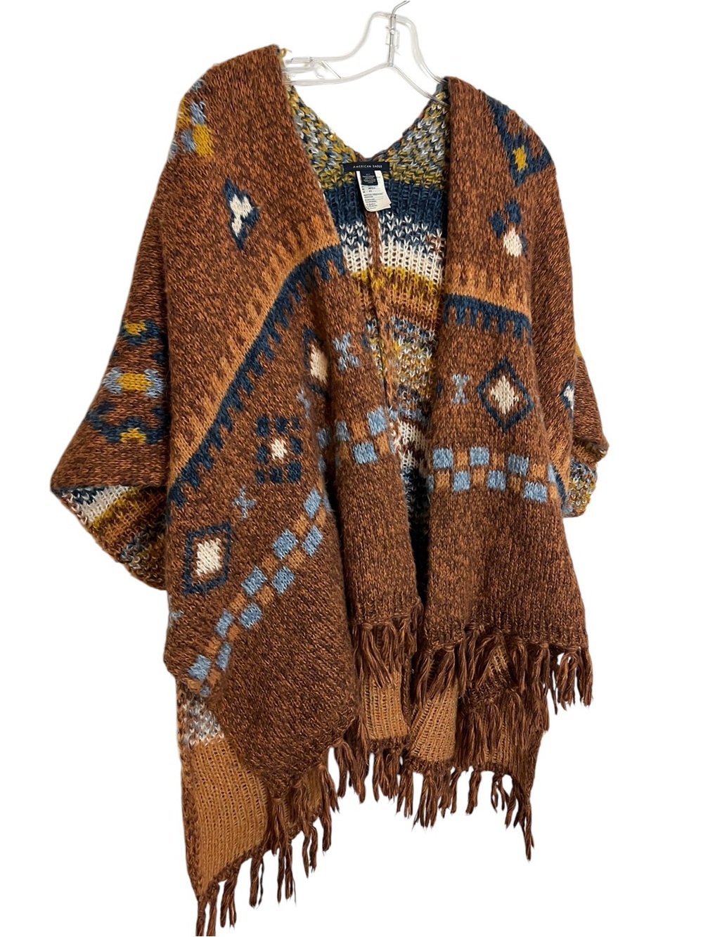 American Eagle Southwestern Aztec Poncho Cape OS Chocolate Brown Fringe Boho